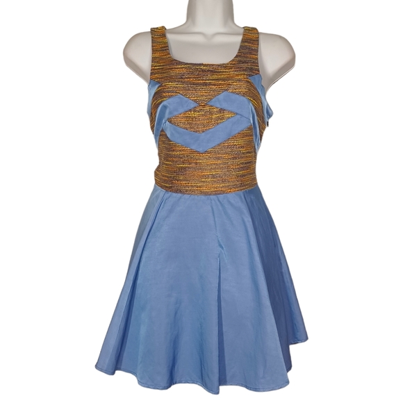 WISH Periwinkle Blue Yellow Orange Tweed Embroidered Sleeveless A-Line Dress - Picture 3 of 7